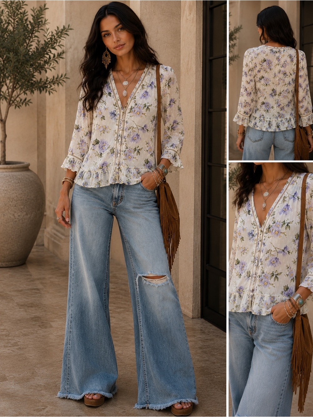 Cherokee Floral Boho Tie-Front Blouse with Crochet Ladder Trim -XL NWT